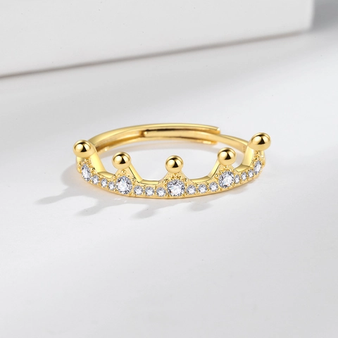 Copper Cubic Zirconia Crown Ring Adjustable Open Finger Jewelry Fashion Elegant Princess Style For Women