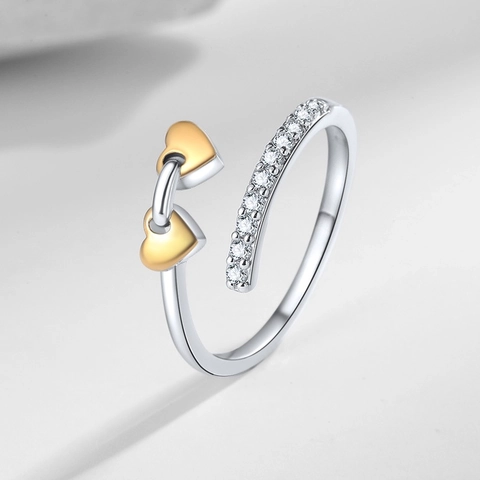 Interlocking Heart To Heart Adjustable Open Ring Copper Zircon Rhinestone Minimalist Trendy Jewelry For Women