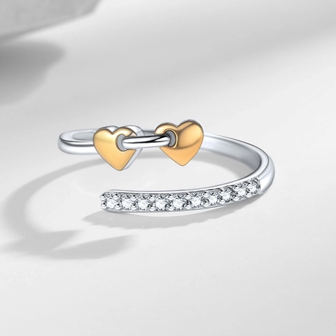 Interlocking Heart To Heart Adjustable Open Ring Copper Zircon Rhinestone Minimalist Trendy Jewelry For Women
