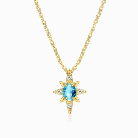 Collier Pendentif Étoile À Huit Branches Cuivre Zircon Bleu Inlay Chaîne De Clavicule Bijoux De Mode Minimalistes Pour Femmes