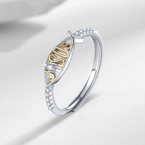 Ichthys Jesus Fish Adjustable Open Ring Copper Zircon Dual Tone Religious Fashion Jewelry For Women