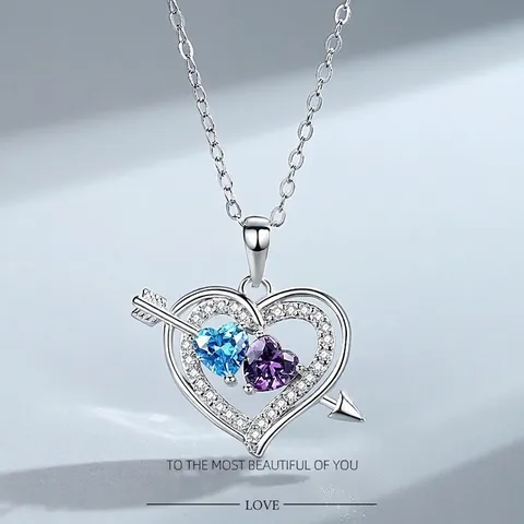Cupid's Arrow Heart Pendant Necklace Copper Platinum Plated With Blue Purple Heart Cubic Zirconia Romantic Jewelry For Women
