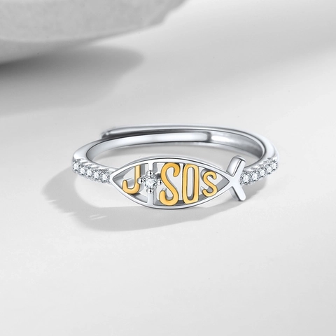 Ichthys Jesus Fish Adjustable Open Ring Copper Zircon Dual Tone Religious Fashion Jewelry For Women