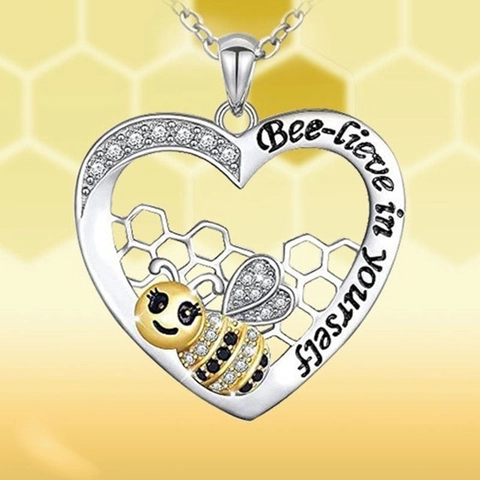 Herz Biene Anhänger Halskette Kupfer Zirkon Emaille Bee-lieve In Yourself Inspirierender Schmuck Für Frauen Mode
