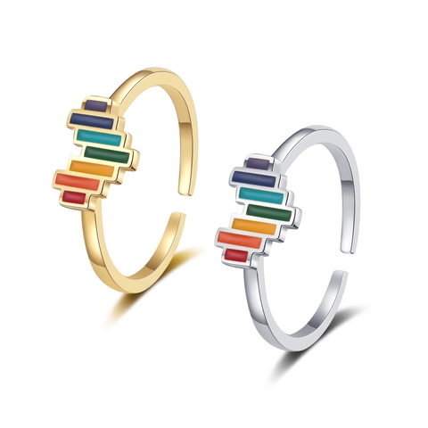 Anillo Ajustable De Cobre Con Esmalte De Arcoíris Corazón Geométrico Creativo Joyería De Dedo De Moda Para Mujeres