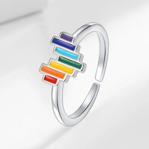 Anillo Ajustable De Cobre Con Esmalte De Arcoíris Corazón Geométrico Creativo Joyería De Dedo De Moda Para Mujeres