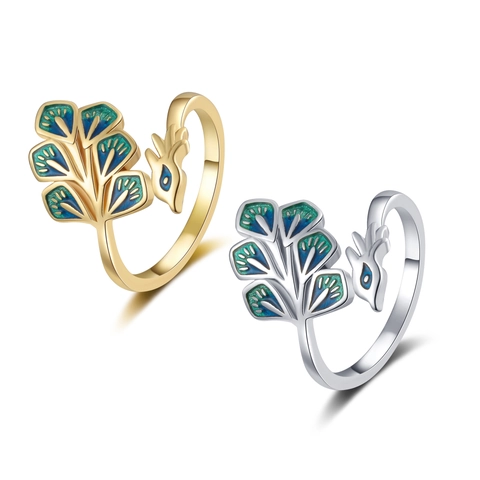 Bunter Emaille Pfau Feder Offener Ring Kupfer Verstellbarer Vintage Tier Finger Schmuck Accessoires Damen Geschenk
