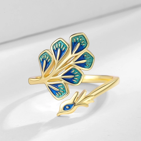 Bunter Emaille Pfau Feder Offener Ring Kupfer Verstellbarer Vintage Tier Finger Schmuck Accessoires Damen Geschenk