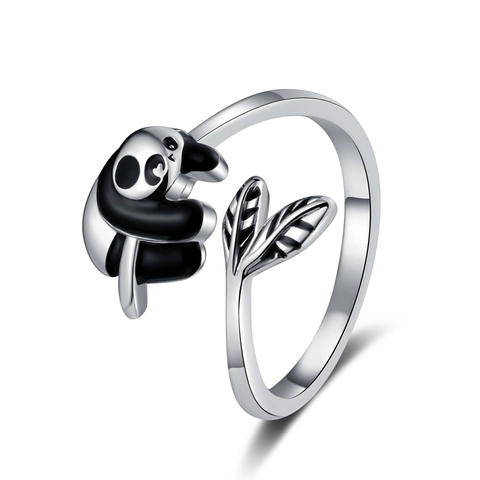 Grazioso Anello Aperto Panda Bambù Rame Argentato Regolabile Stile Animale Gioielli Di Moda Per Donne