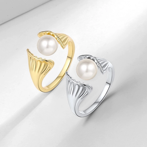 Adjustable Open Ring Copper Shell Inlaid Round Artificial Pearl Elegant Korean Ins Style Fashion Jewelry For Women