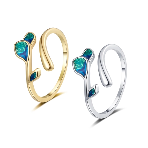 Anillo De Hoja Ajustable Cobre Esmalte Degradado Azul Verde Estilo Rama Planta Joyería De Moda Elegante Mujer