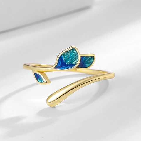 Anillo De Hoja Ajustable Cobre Esmalte Degradado Azul Verde Estilo Rama Planta Joyería De Moda Elegante Mujer