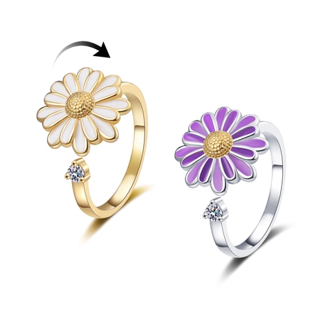 Rotatable Daisy Flower Ring Copper Enamel Zircon Open Adjustable Stress Relief Anxiety Ring For Women