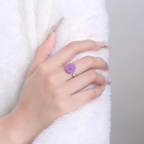 Rotatable Daisy Flower Ring Copper Enamel Zircon Open Adjustable Stress Relief Anxiety Ring For Women