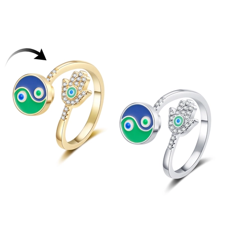 Rotating Ring Copper Zircon Enamel Hamsa Hand Evil Eye Yin Yang Adjustable Jewelry Women Fashion Rotatable Boho Accessory