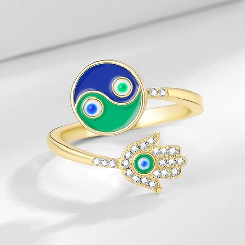 Rotating Ring Copper Zircon Enamel Hamsa Hand Evil Eye Yin Yang Adjustable Jewelry Women Fashion Rotatable Boho Accessory