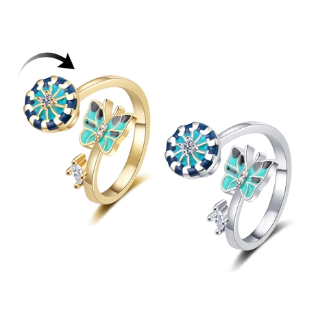 Rotating Butterfly Spinner Ring Enamel Copper Adjustable Zirconia Fidget Anxiety Relief Jewelry For Women