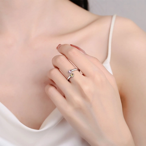 Anello Aperto Doppio Cuore Moda Rame Con Zirconia Rosa E Gialla Gioielli Da Dito Minimalisti Regolabili Per Donna