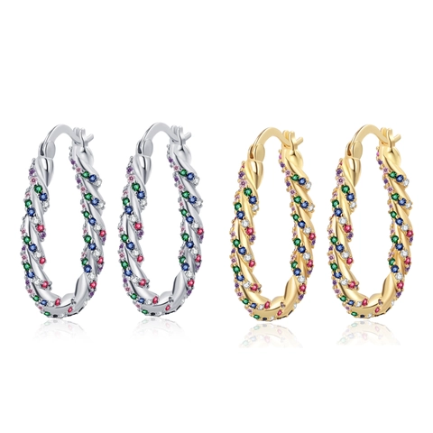 Twisted Hoop Earrings With Multi Color Zircon Rainbow Rhinestones Trendy Copper Spiral U Shape Ear Jewelry For Women