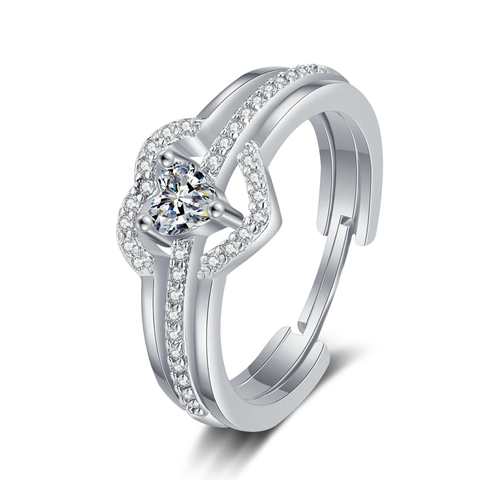 Heart Shaped Adjustable Ring Copper Zircon Micro Paved Double Layer Romantic Elegant Finger Jewelry For Women