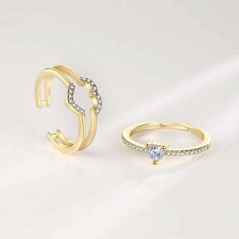 Heart Shaped Adjustable Ring Copper Zircon Micro Paved Double Layer Romantic Elegant Finger Jewelry For Women