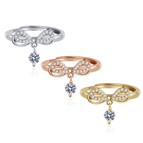 Bowknot Dangle Ring Elegant Copper With Shimmering Zircon Adjustable Open Band Minimalist Light Luxury Jewelry For Women