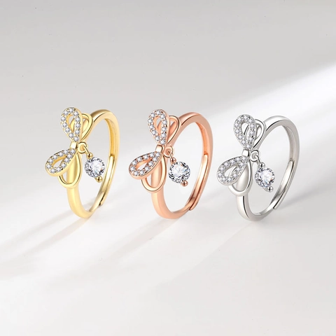 Bowknot Dangle Ring Elegant Copper With Shimmering Zircon Adjustable Open Band Minimalist Light Luxury Jewelry For Women