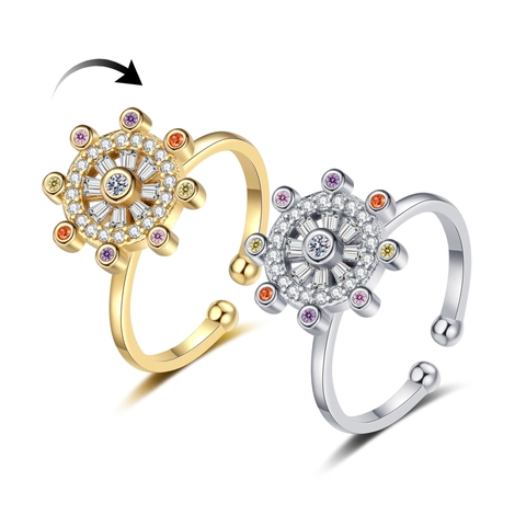 Rotating Spinner Ring Copper Colorful Zircon Star Compass Helm Anti Anxiety Stress Relief Adjustable Jewelry For Women