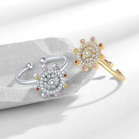 Rotating Spinner Ring Copper Colorful Zircon Star Compass Helm Anti Anxiety Stress Relief Adjustable Jewelry For Women