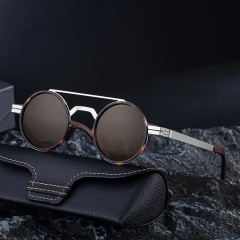 Vintage Round Polarized Sunglasses Men Stainless Steel Frame Double Bridge UV400 Protection TAC Lens Eyewear