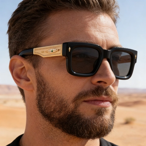 Gafas De Sol Cuadradas Hombre Retro Montura Gruesa Patillas Metal Decoración Gema Moda Lujo UV400 Exterior