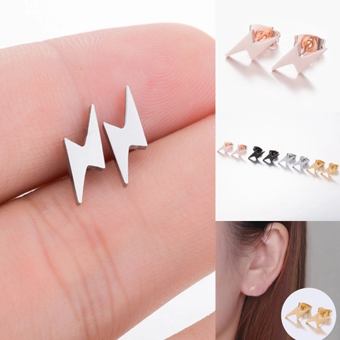 Lightning Bolt Stud Earrings Stainless Steel Minimalist Geometric Punk Style Metal Jewelry For Women Men Tiny Chic Accessory