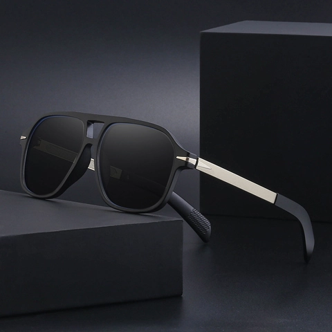 Men Polarized Sunglasses Vintage Double Bridge Square Pilot Sun Glasses TAC Lens Metal PC Frame UV400 Protection