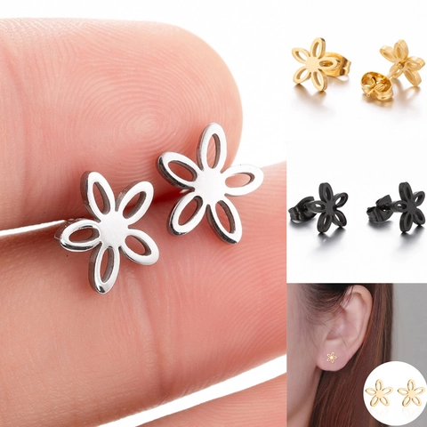 Minimalist Flower Stud Earrings Stainless Steel Hollow Petal Design Floral Geometric Jewelry For Women