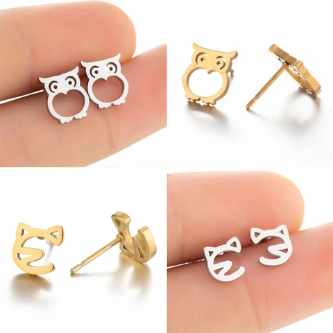 Stainless Steel Animal Stud Earrings Minimalist Cutout Owl Cat Delicate Fashion Tiny Jewelry Gift For Women