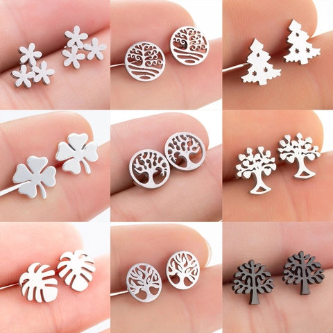 Stainless Steel Stud Earrings Tree Of Life Clover Christmas Tree Monstera Leaf Minimalist Jewelry For Women