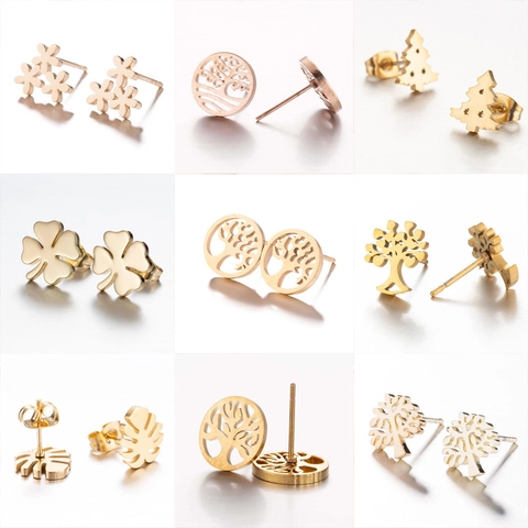 Stainless Steel Stud Earrings Tree Of Life Clover Christmas Tree Monstera Leaf Minimalist Jewelry For Women