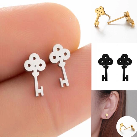 Key Shape Stud Earrings Stainless Steel Minimalist Vintage Jewelry For Women Fashion Accessory Aesthetic Metal Earring