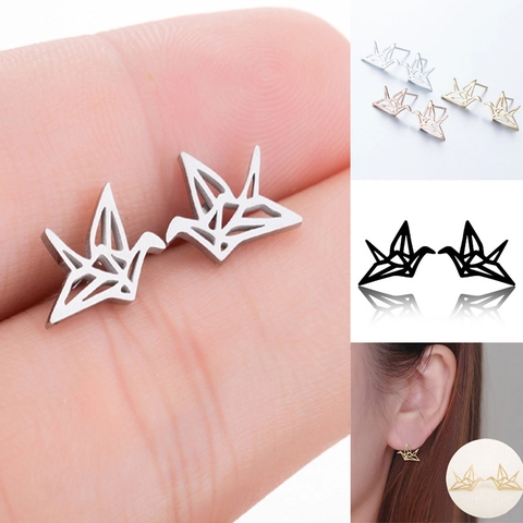 Pendientes De Botón Grulla Origami Acero Inoxidable Hueco Geométrico Pájaro Animal Joyería Minimalista Regalo Para Mujer