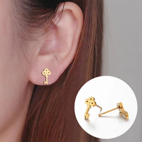 Key Shape Stud Earrings Stainless Steel Minimalist Vintage Jewelry For Women Fashion Accessory Aesthetic Metal Earring