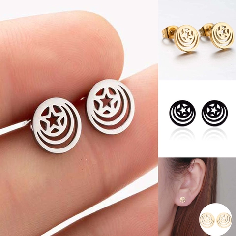 Pendientes De Botón De Acero Inoxidable Huecos Geométricos Redondos Pentagrama Estrella Luna Joyería De Moda Para Mujer