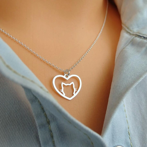 Collana Con Ciondolo A Cuore Gatto Acciaio Inossidabile Gioielli Animali Cavi Stile Coreano Regali Per Donne