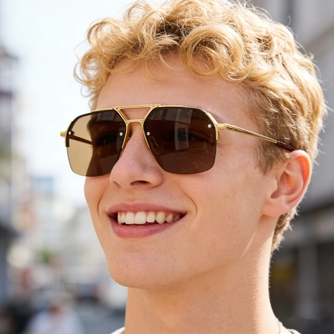 Lunettes De Soleil Aviateur Surdimensionnées Métal Double Pont Demi-Monture Carrée Protection UV400 Style Rétro