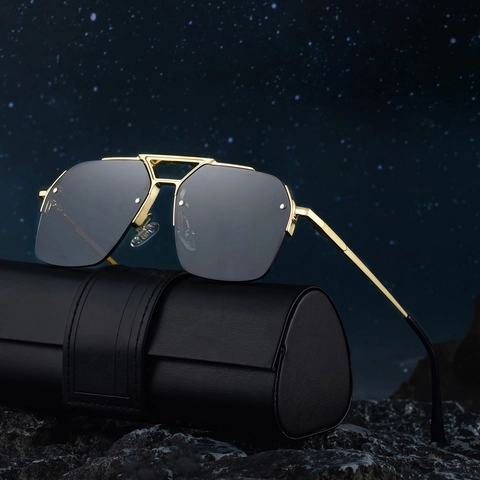 Lunettes De Soleil Aviateur Surdimensionnées Métal Double Pont Demi-Monture Carrée Protection UV400 Style Rétro