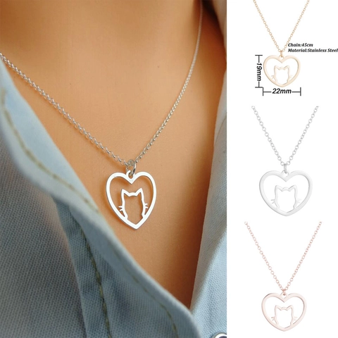 Collana Con Pendente Gatto Cuore Cavo Acciaio Inossidabile Gioielli Animali Regalo Elegante Per Donna