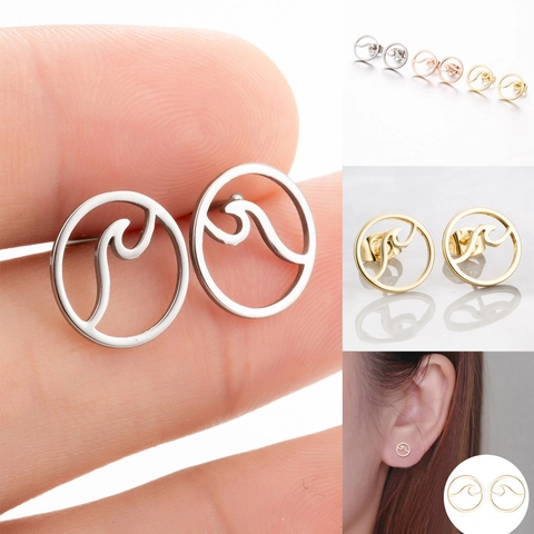 Pendientes De Botón Ola Acero Inoxidable Redondos Huecos Estilo Océano Joyería Geométrica Para Mujer