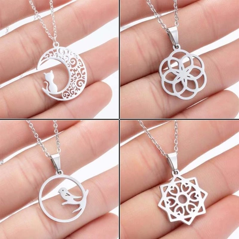 Collana Con Ciondolo Cavo In Acciaio Inossidabile Luna Gatto Uccello Fiore Geometrico Gioielli Di Moda Minimalisti Per Donne