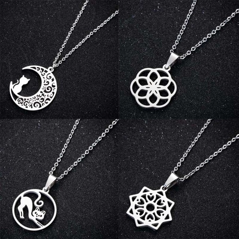 Collana Con Ciondolo Cavo In Acciaio Inossidabile Luna Gatto Uccello Fiore Geometrico Gioielli Di Moda Minimalisti Per Donne