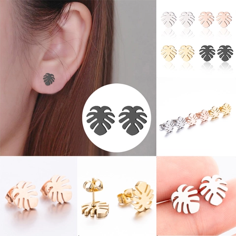Monstera Leaf Stud Earrings Stainless Steel Hollow Out Tropical Plant Design Minimalist Elegant Commuting Jewelry Women