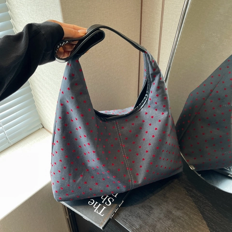 Grote Capaciteit Dames Canvas Hobo Schoudertas Met PU Leren Riem Ster Hart Patroon Print Ritssluiting Woon-Werkverkeer Tote